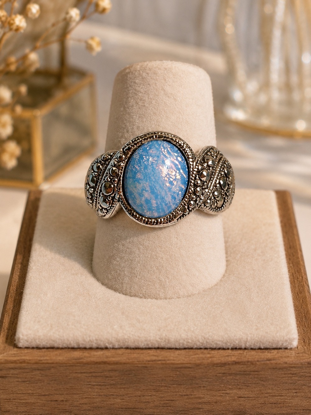 VTG Silver Tone Faux Marcasite Blue Lab Opal Ring Sz. 5 Rare Find Avon